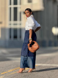 Street Style Patchwork Color-Block Wide-Leg Denim Pants