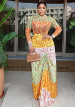 Printed Chic Women's Slim Waist High-Neck Long-Sleeve Sheer Patchwork Long Dress