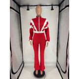 Women's Chic Casual Color-Block Long-Sleeve Zipper Top Slim Fit Bell Bottom Pants Set
