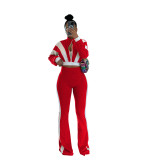 Women's Chic Casual Color-Block Long-Sleeve Zipper Top Slim Fit Bell Bottom Pants Set