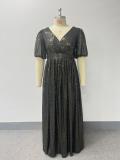 Plus-Size Glitter V-Neck Patchwork Short-Sleeve A-Line Fully Lined Evening Dress
