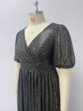 Plus-Size Glitter V-Neck Patchwork Short-Sleeve A-Line Fully Lined Evening Dress