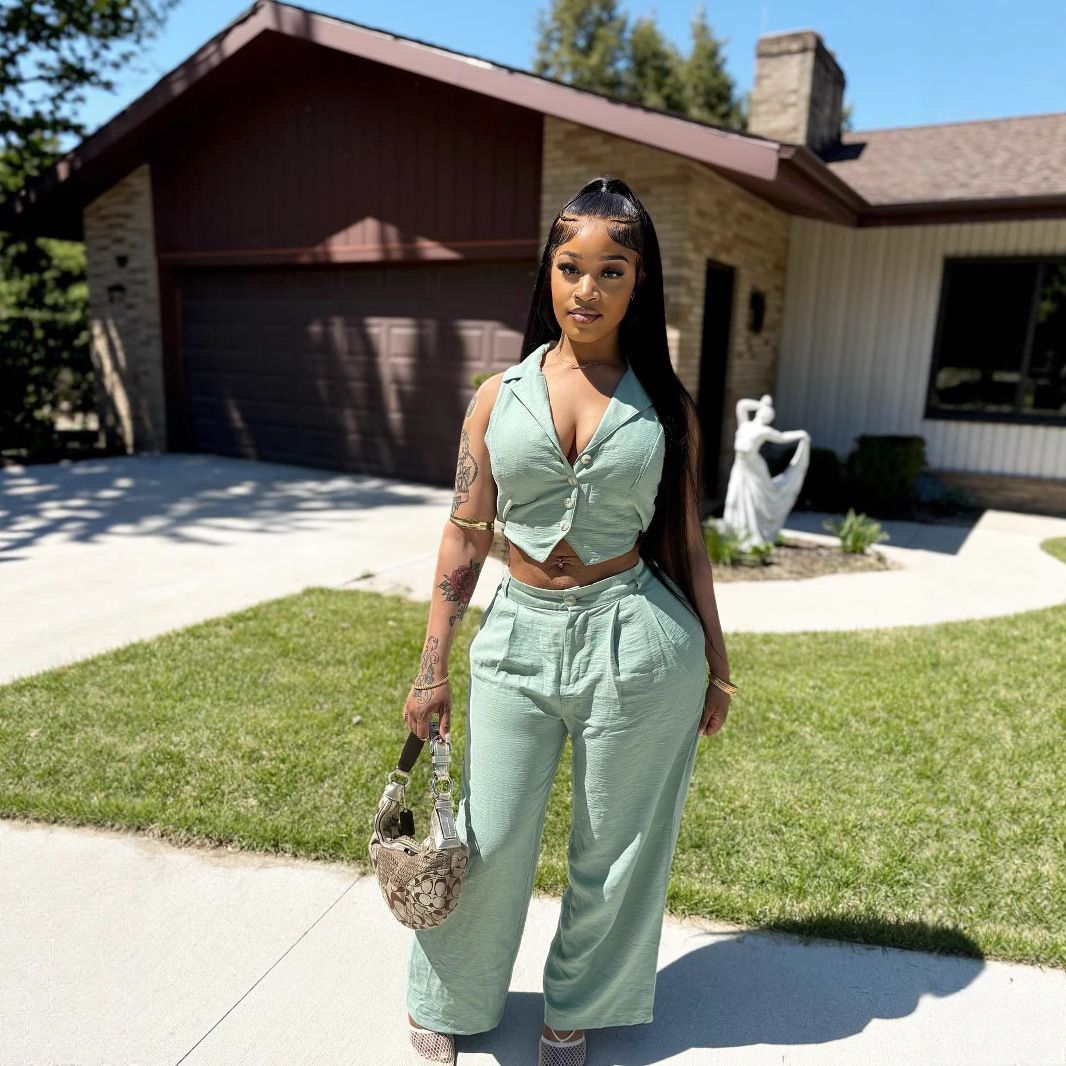 Women's Solid Sleeveless Cropped Back-Tie Top & Casual Pants Set