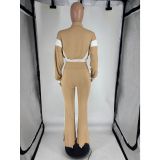 Women's Chic Casual Color-Block Long-Sleeve Zipper Top Slim Fit Bell Bottom Pants Set