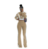 Women's Chic Casual Color-Block Long-Sleeve Zipper Top Slim Fit Bell Bottom Pants Set