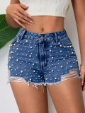 Women's Pearl-Embellished Fashion Denim Shorts