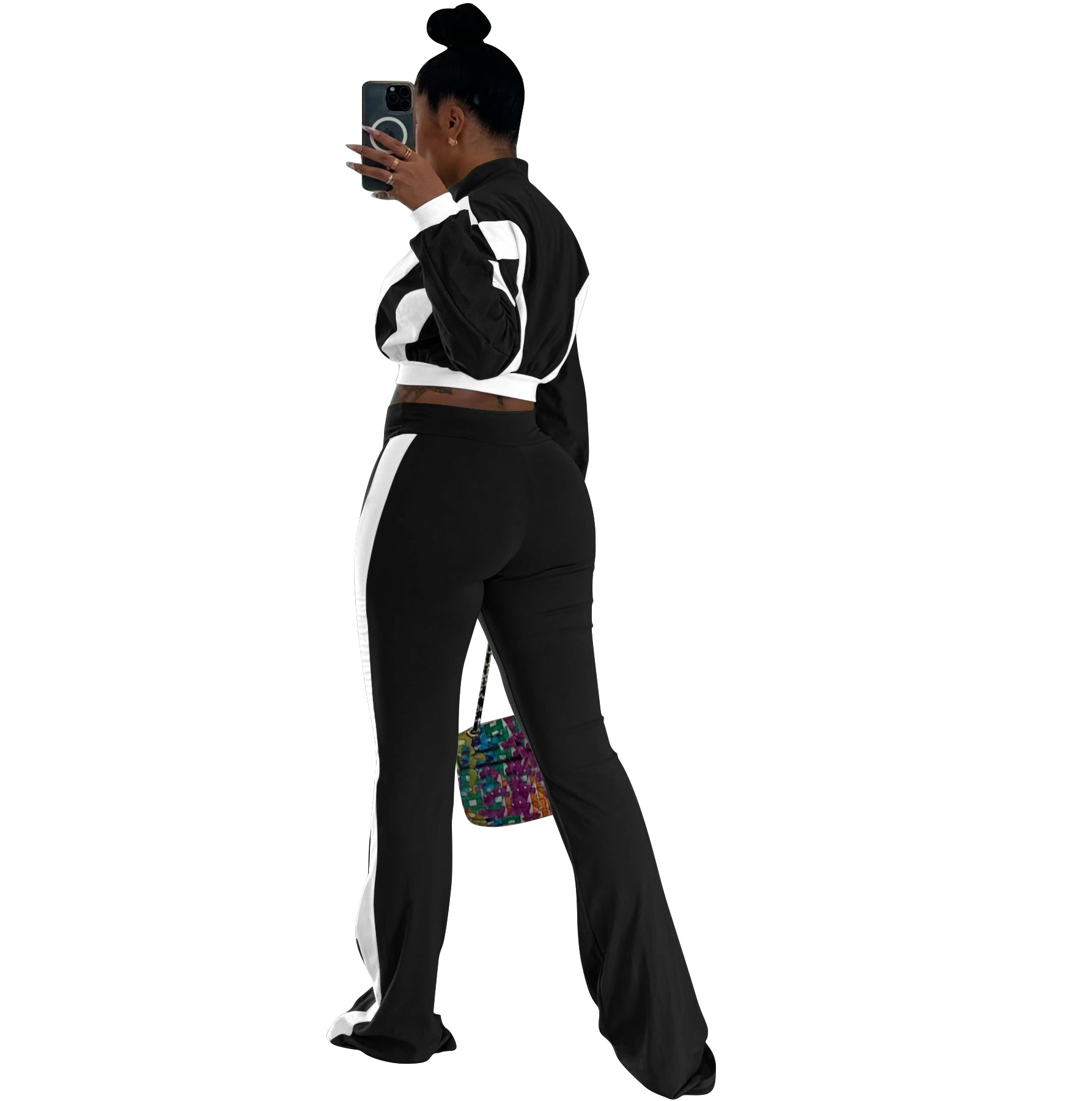 Women's Chic Casual Color-Block Long-Sleeve Zipper Top Slim Fit Bell Bottom Pants Set