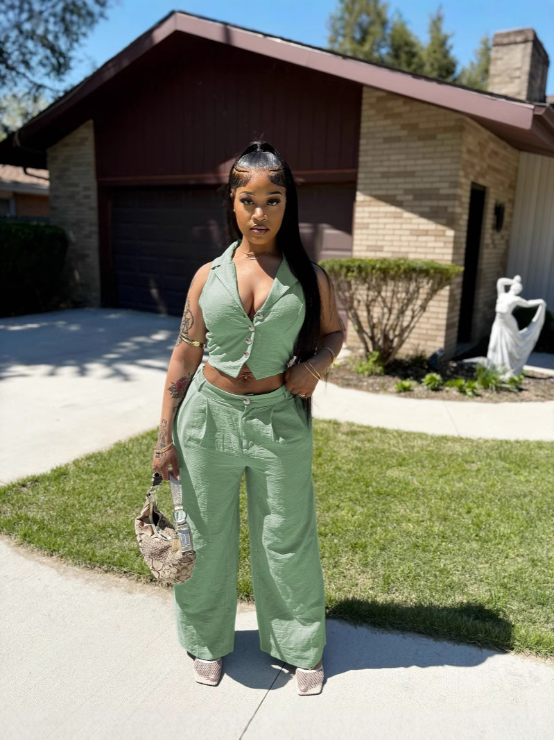 Women's Solid Sleeveless Cropped Back-Tie Top & Casual Pants Set