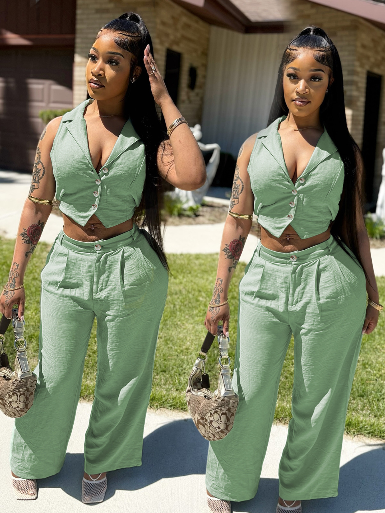 Women's Solid Sleeveless Cropped Back-Tie Top & Casual Pants Set