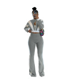 Women's Chic Casual Color-Block Long-Sleeve Zipper Top Slim Fit Bell Bottom Pants Set