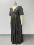 Plus-Size Glitter V-Neck Patchwork Short-Sleeve A-Line Fully Lined Evening Dress