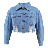 Plus-Size Women's Long-Sleeve Ripped Denim Jacket