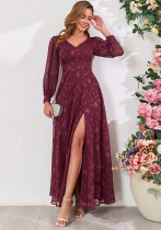 Autumn Long-Sleeve Double V-Neck High-Slit Lace Formal Dress with Full Lining Autumn Long-Sleeve Double V-Neck High-Slit Lace Formal Dress with Full Lining