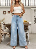 Women's Low-Waist Straight Beaded Wide-Leg Denim Pants