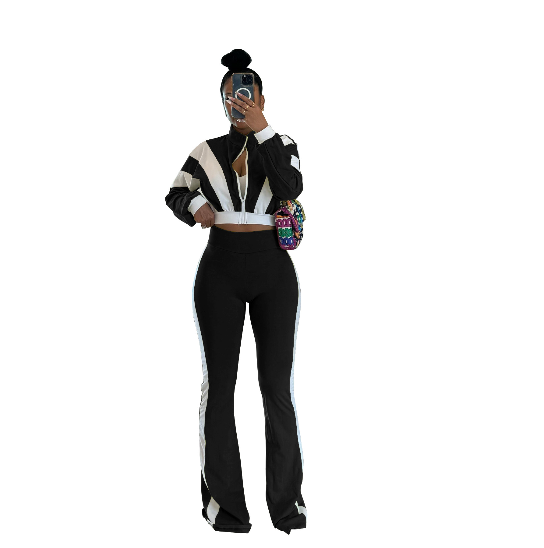 Women's Chic Casual Color-Block Long-Sleeve Zipper Top Slim Fit Bell Bottom Pants Set