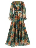 Elegant Women's Long-Sleeve V-Neck Ruffled Formal Party Mesh Evening Gown
