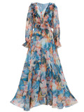 Elegant Women's Long-Sleeve V-Neck Ruffled Formal Party Mesh Evening Gown