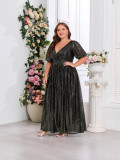 Plus-Size Glitter V-Neck Patchwork Short-Sleeve A-Line Fully Lined Evening Dress