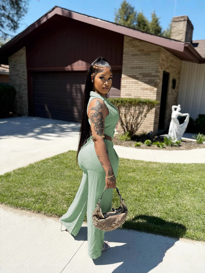 Women's Solid Sleeveless Cropped Back-Tie Top & Casual Pants Set