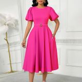 Women's Summer Trendy Puff-Sleeve Elegant High-Waist Solid Round Neck A-line African Dress