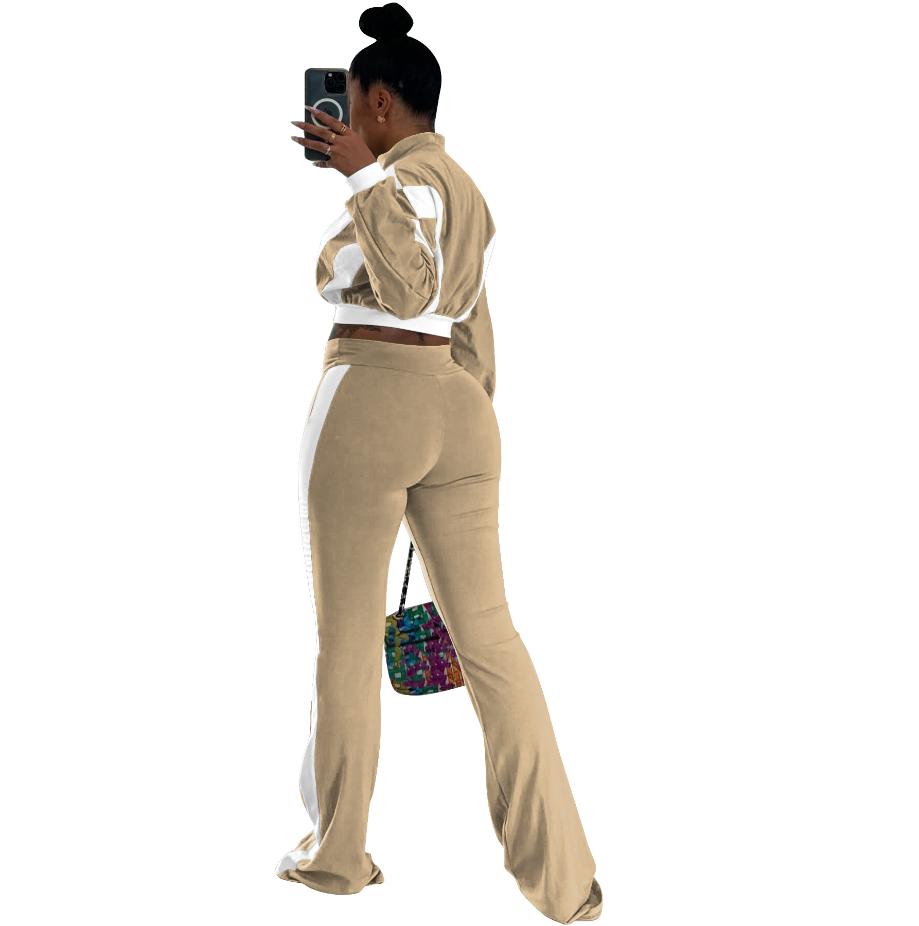 Women's Chic Casual Color-Block Long-Sleeve Zipper Top Slim Fit Bell Bottom Pants Set