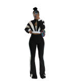 Women's Chic Casual Color-Block Long-Sleeve Zipper Top Slim Fit Bell Bottom Pants Set