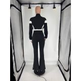 Women's Chic Casual Color-Block Long-Sleeve Zipper Top Slim Fit Bell Bottom Pants Set
