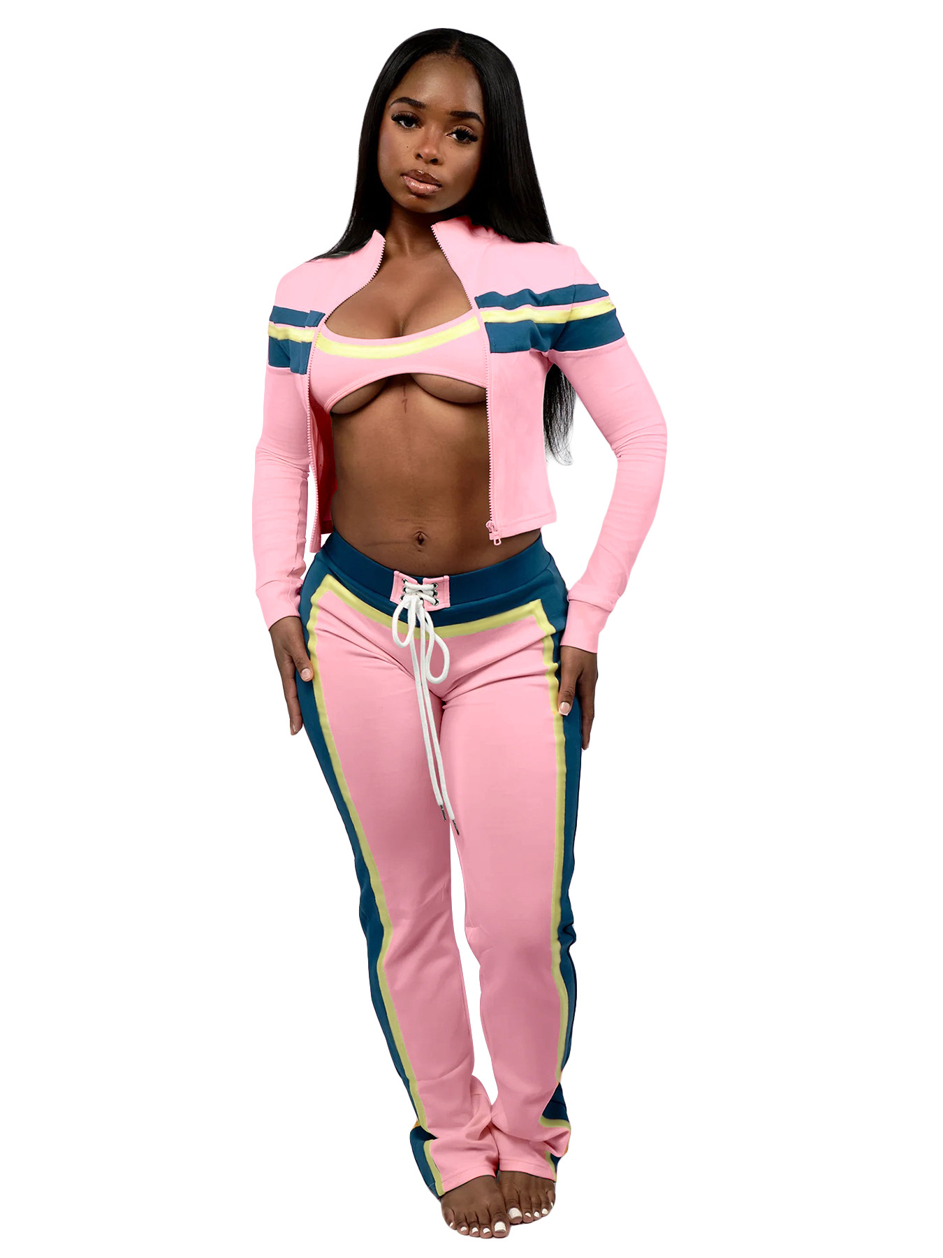 Fashionable Women's Printed Patchwork Long-Sleeve Three-Piece Pants Set