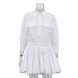 Women's Casual Cotton Turn-Down Collar 3/4 Sleeve A-Line Shirt Dress