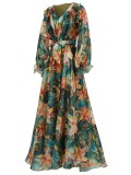Elegant Women's Long-Sleeve V-Neck Ruffled Formal Party Mesh Evening Gown