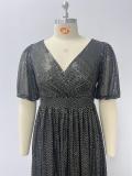 Plus-Size Glitter V-Neck Patchwork Short-Sleeve A-Line Fully Lined Evening Dress