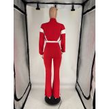Women's Chic Casual Color-Block Long-Sleeve Zipper Top Slim Fit Bell Bottom Pants Set