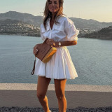 Women's Casual Cotton Turn-Down Collar 3/4 Sleeve A-Line Shirt Dress