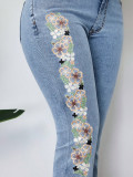 Embroidered Retro High-Waist Bell Bottom Denim Pants
