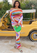 Chic Women's Color-Block Off Shoulder Elegant Long Dress