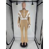 Women's Chic Casual Color-Block Long-Sleeve Zipper Top Slim Fit Bell Bottom Pants Set