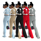 Women's Chic Casual Color-Block Long-Sleeve Zipper Top Slim Fit Bell Bottom Pants Set