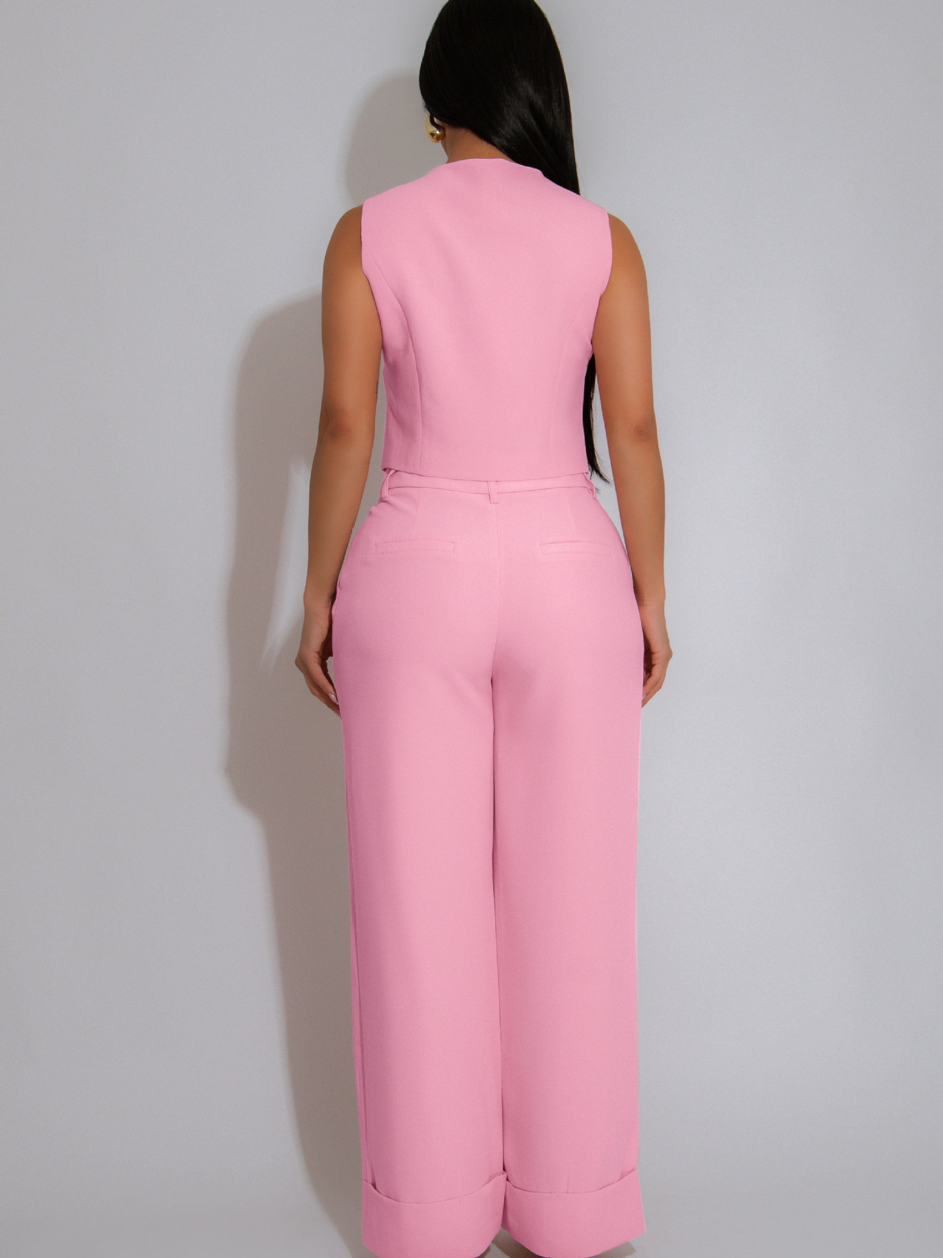 Women Solid Sleeveless V-Neck Vest Top Casual Wide Leg Pants Two-Piece Set