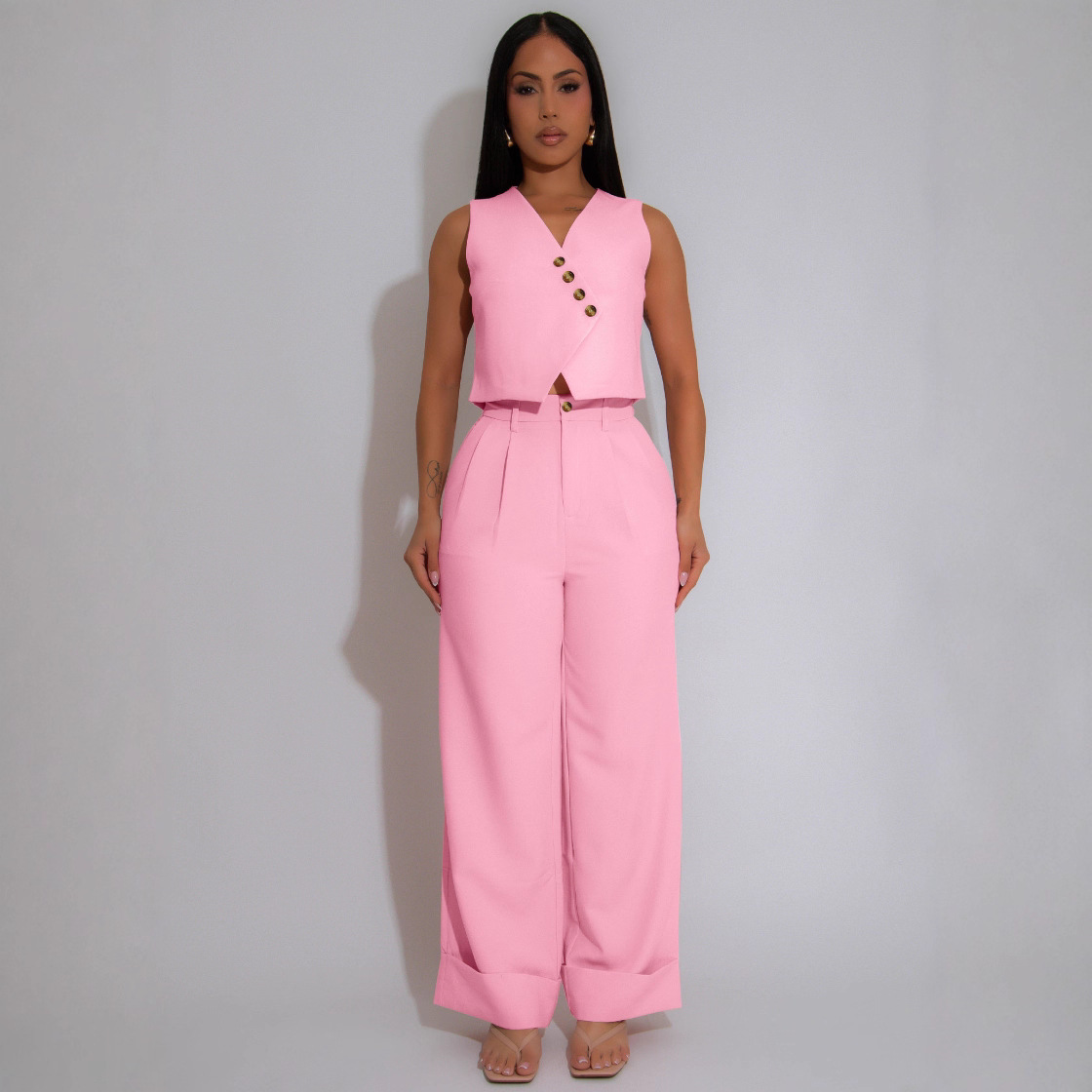 Women Solid Sleeveless V-Neck Vest Top Casual Wide Leg Pants Two-Piece Set