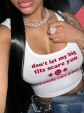 Women Open Collar Letter Print Ribbed Letter Print Top