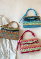 Women straw woven contrast striped shoulder crossbody handbag