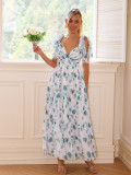 Women printed lace-up v-neck dress