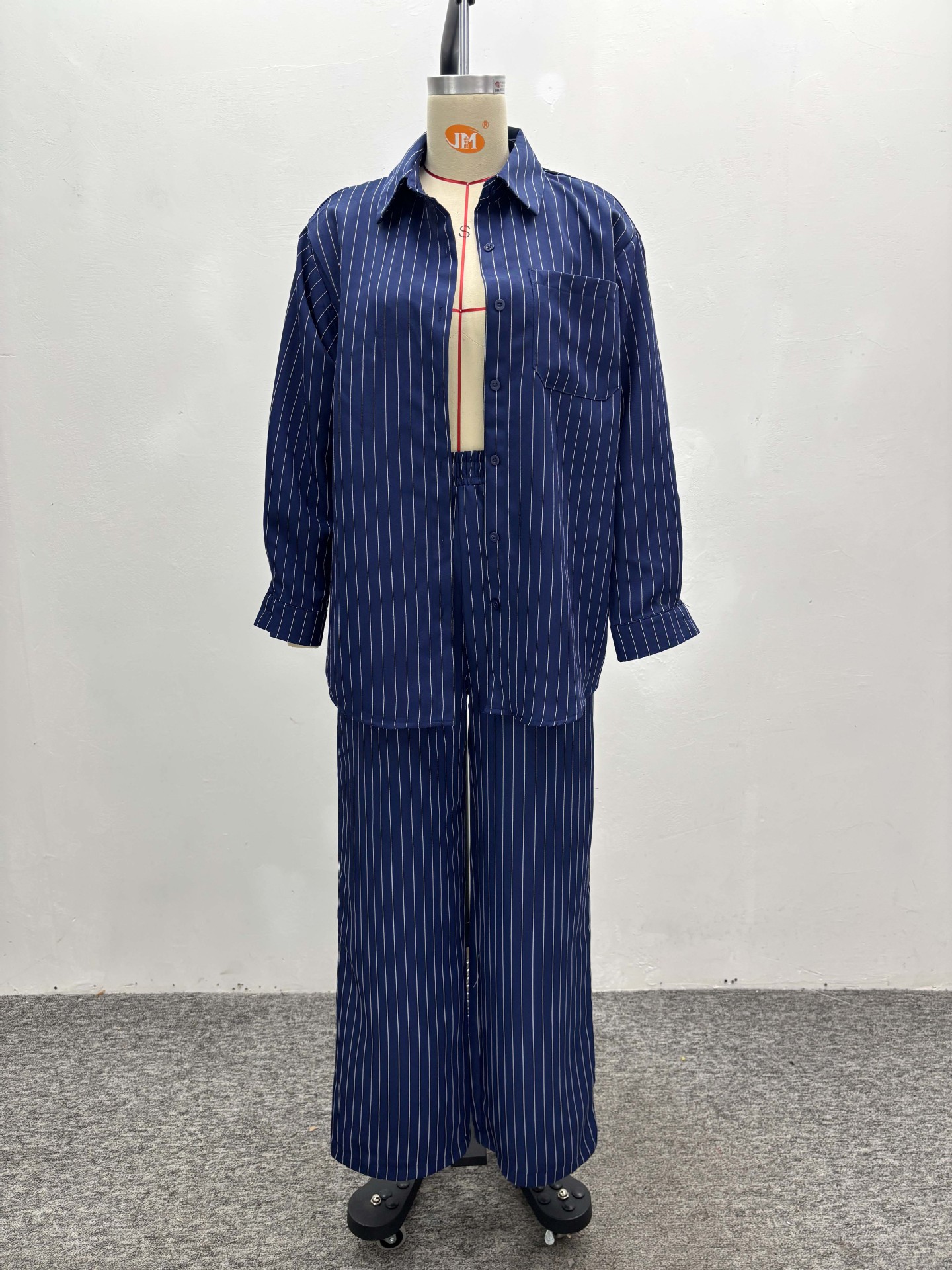 Women French Stripe Casual Long Sleeve Shirt Pants Two-piece Set