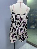 Women casual leopard suspender two-piece set