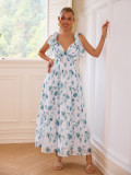 Women printed lace-up v-neck dress