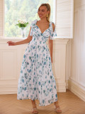Women printed lace-up v-neck dress