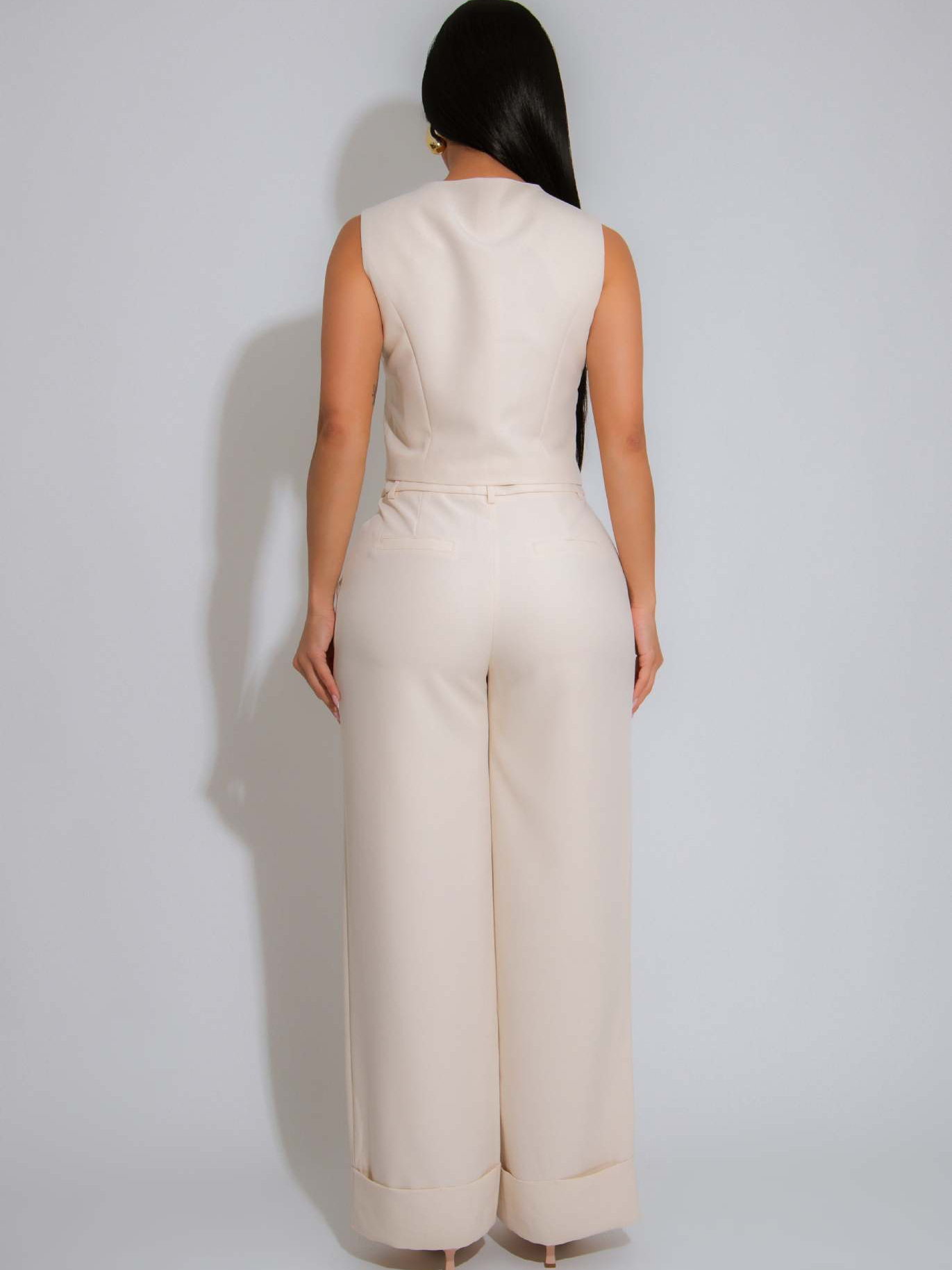 Women Solid Sleeveless V-Neck Vest Top Casual Wide Leg Pants Two-Piece Set