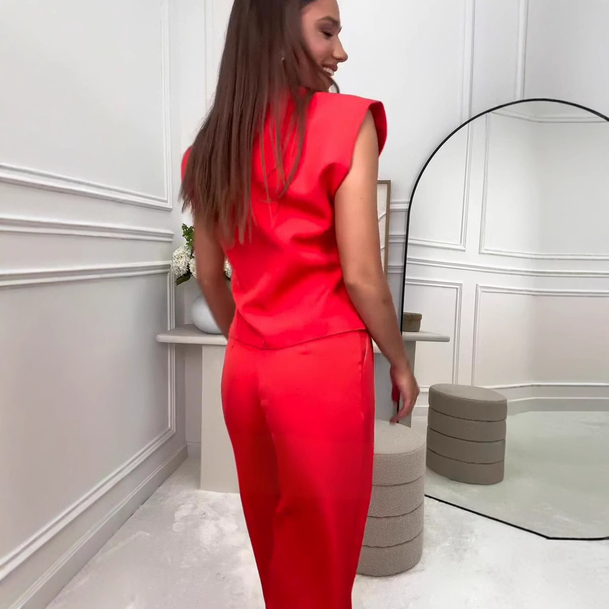 Women summer button Solid Top and wide-leg pants Career two-piece set
