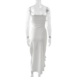 Women Summer Sexy Side Slit Irregular Bodycon Strapless Dress