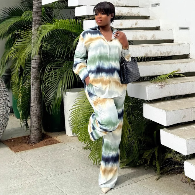 Plus Size Women Casual Printed Long Sleeve Shirt Pants Two-piece Set